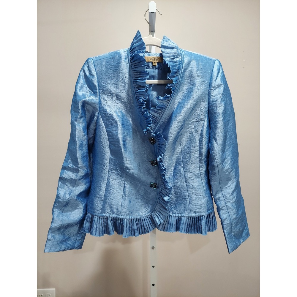 Kasper Womens Blue Satin Ruffle Blazer Jewel Button Peplum Jacket Size 8 Glam